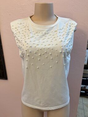 Pearl-Embellished Sleeveless White Top